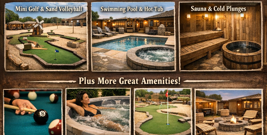 Realistic amenities view featuring mini golf, swimming pool, hot tub, sauna, and cold plunge spaces.