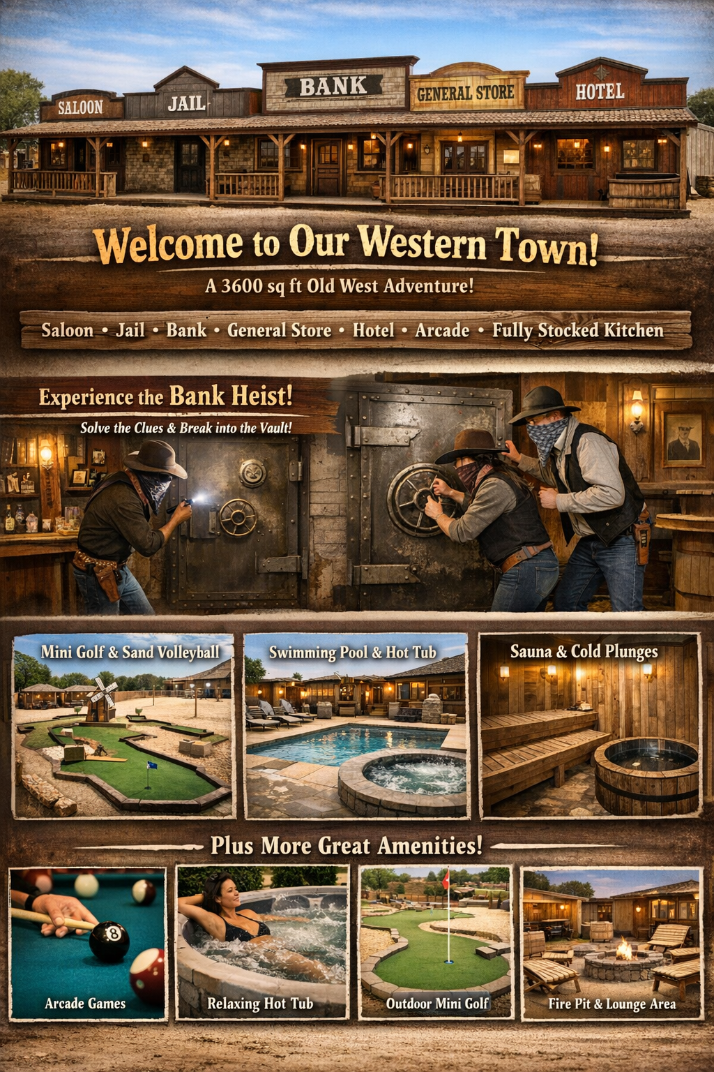 Full western town brochure showing the town frontage, bank heist experience, and all amenities.
