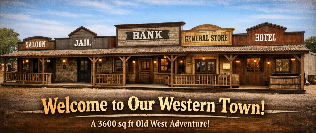 Realistic western town facade showing the saloon, jail, bank, general store, and hotel frontage.