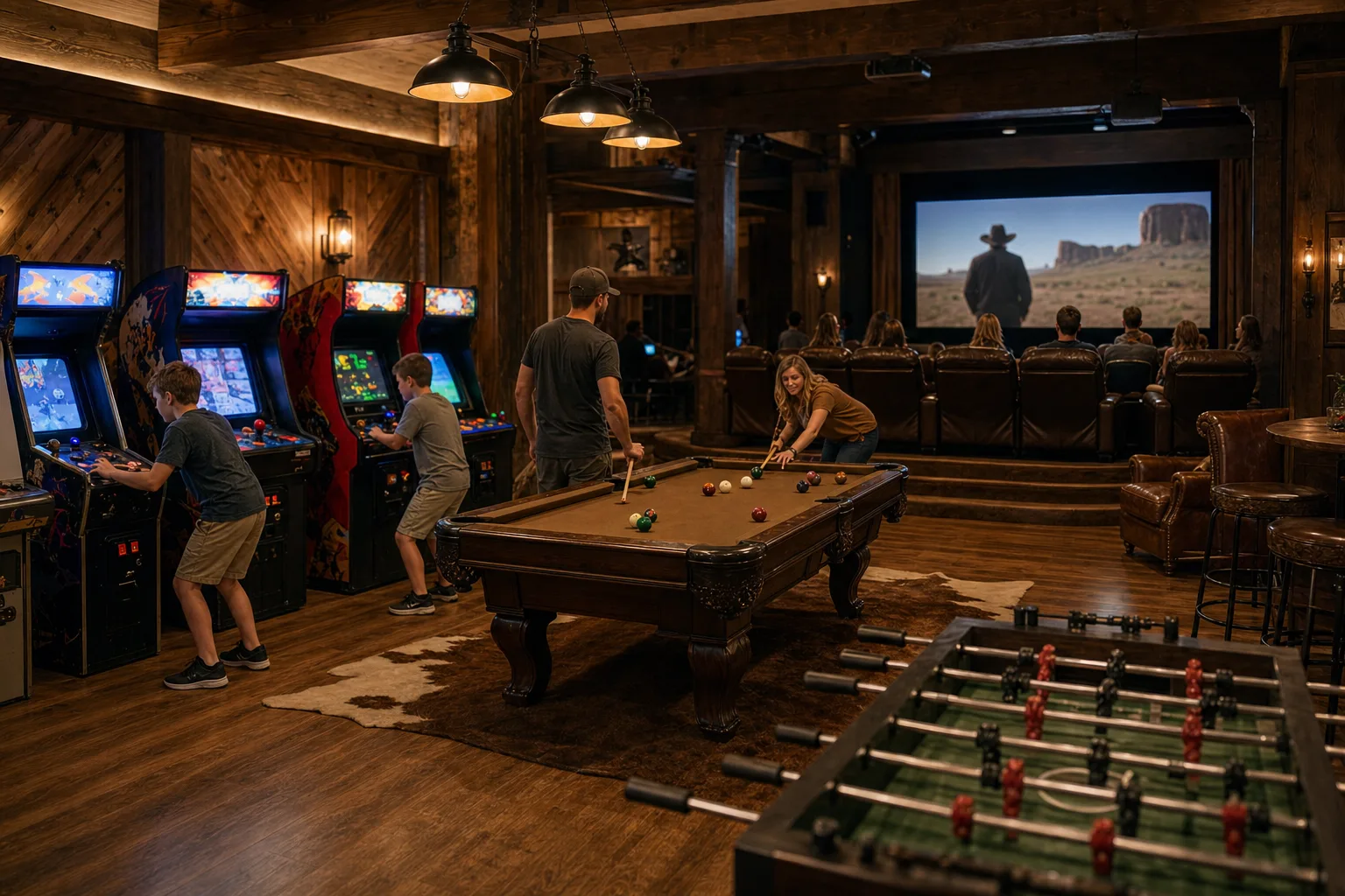 A rustic western chic arcade and movie theater lounge with warm lights, games, and comfortable seating.