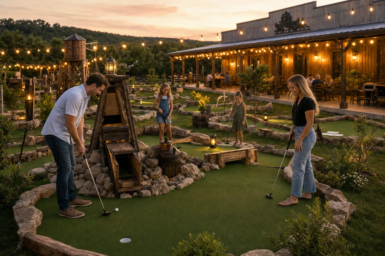 A refined western-themed mini golf course with stone borders, timber details, and warm string lights.
