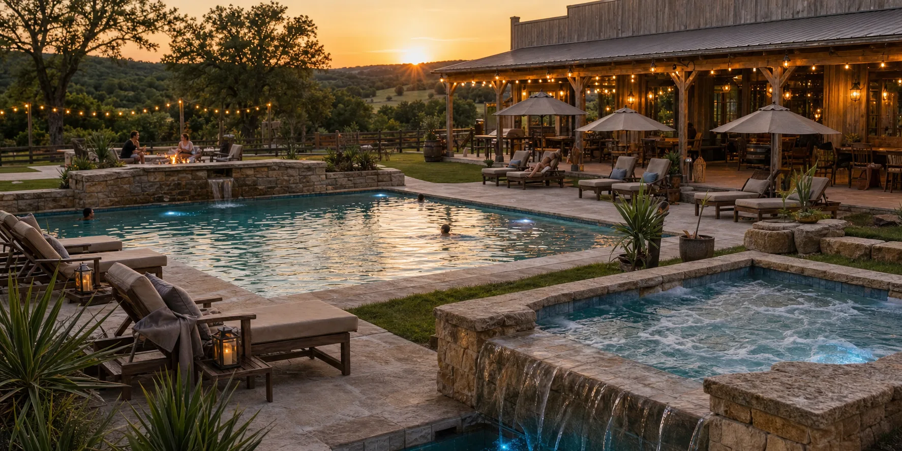 A rustic luxury western town courtyard with a swimming pool, hot tub, lounge chairs, and warm evening lights.
