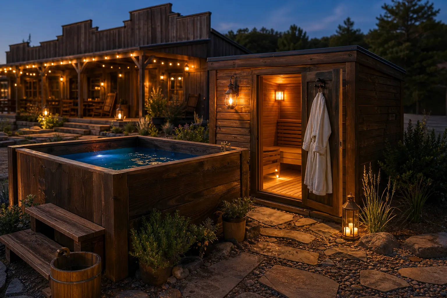 A cedar sauna and cold plunge tub glowing under warm lanterns in a rustic western courtyard.