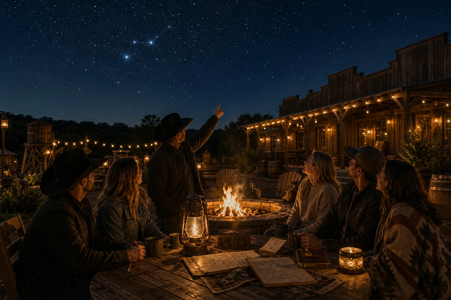 Guests gathered around warm lights in a western town courtyard beneath a starry Texas sky.