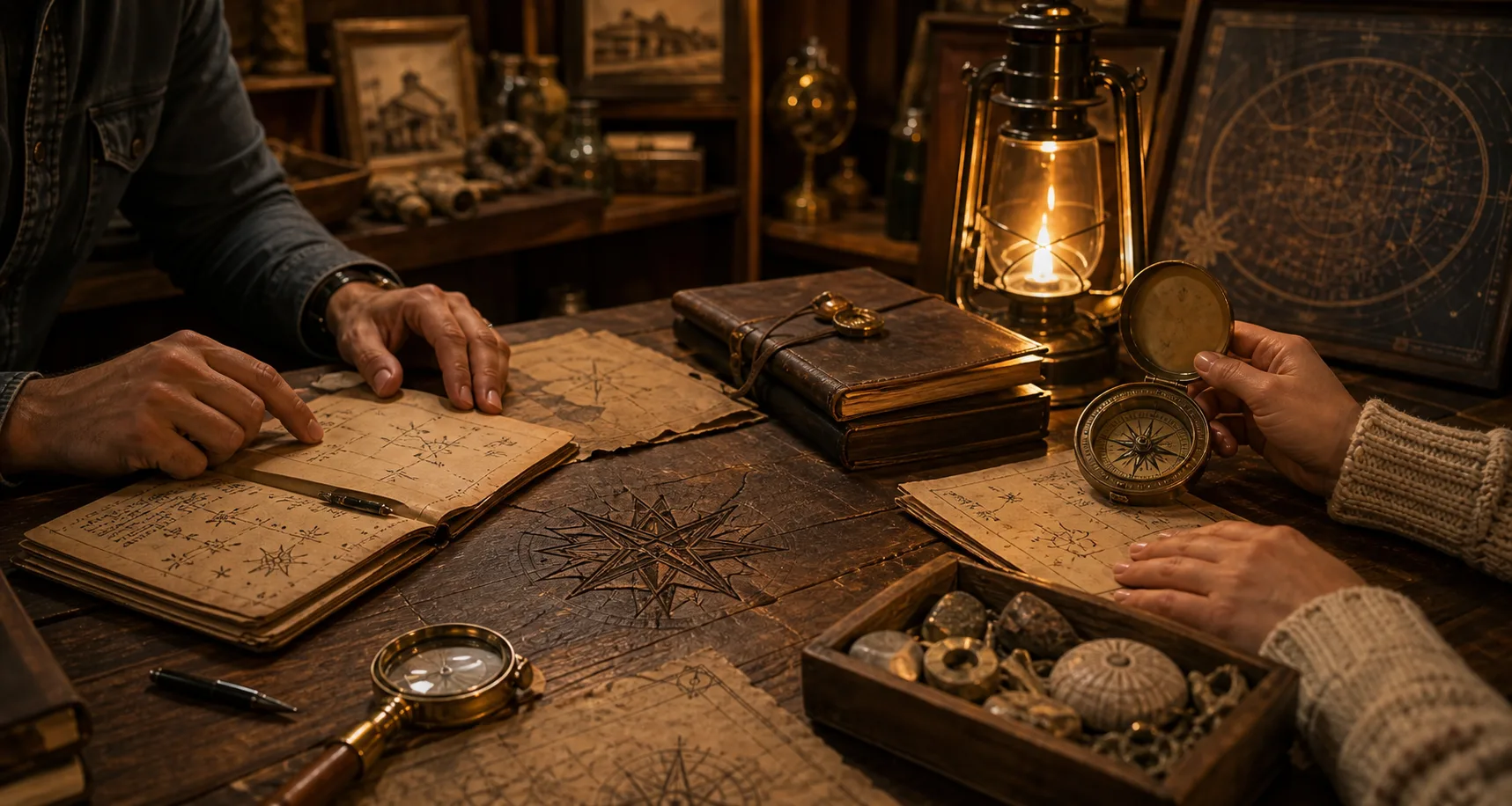 Weathered field notes, a compass, and subtle star-like symbols arranged on a rustic saloon table.
