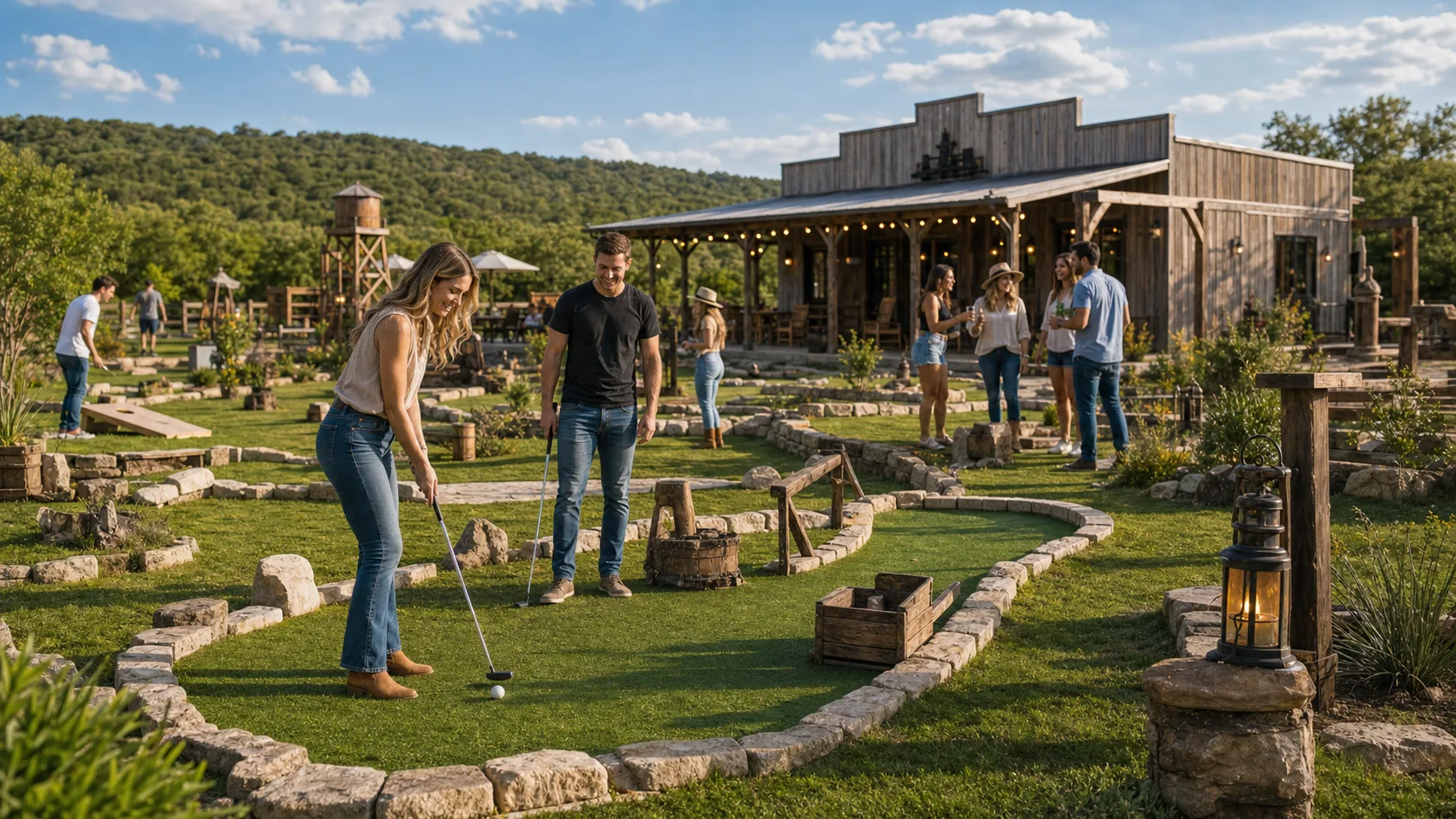 Guests playing mini golf and outdoor games in a private rustic western town courtyard.