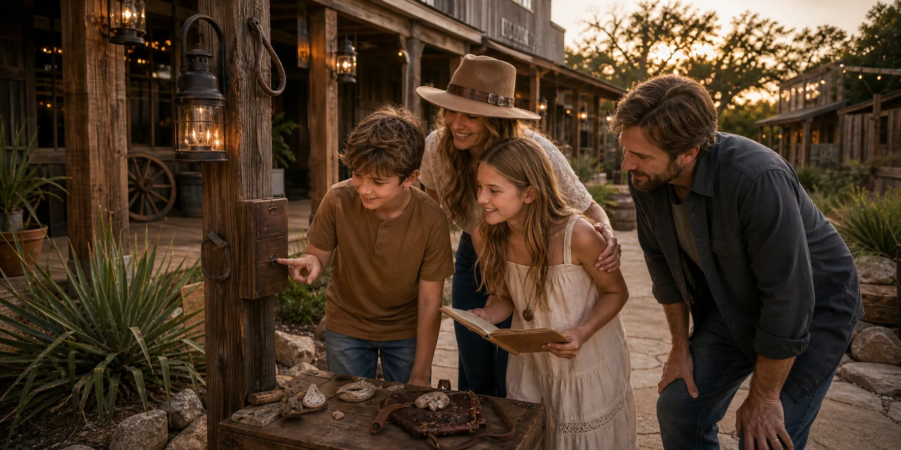 Guests discovering a subtle clue marker along a rustic western town walkway at golden hour.