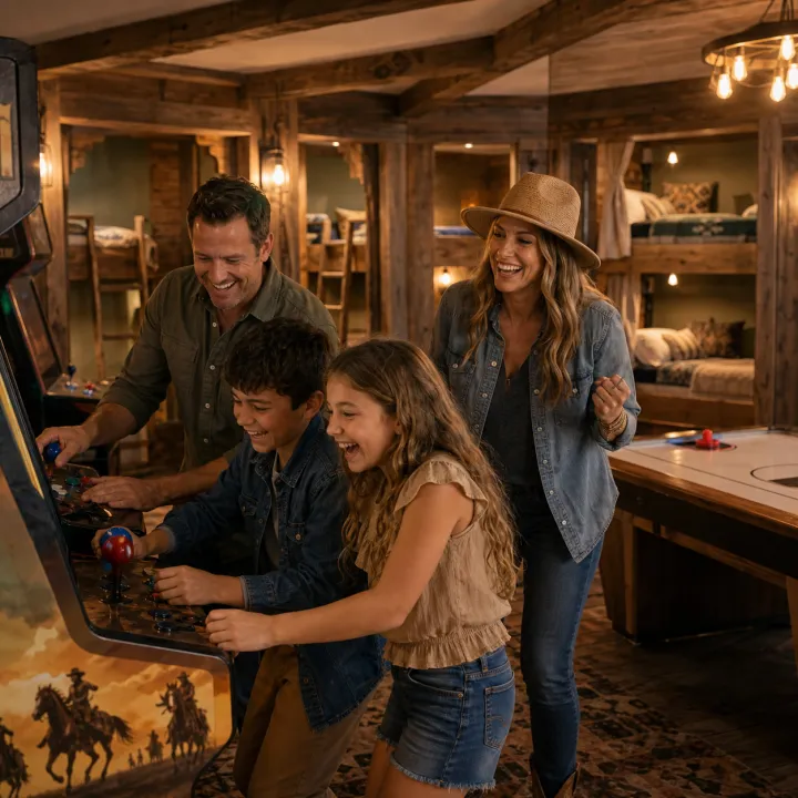 A family playing arcade games beside the western bunk room.