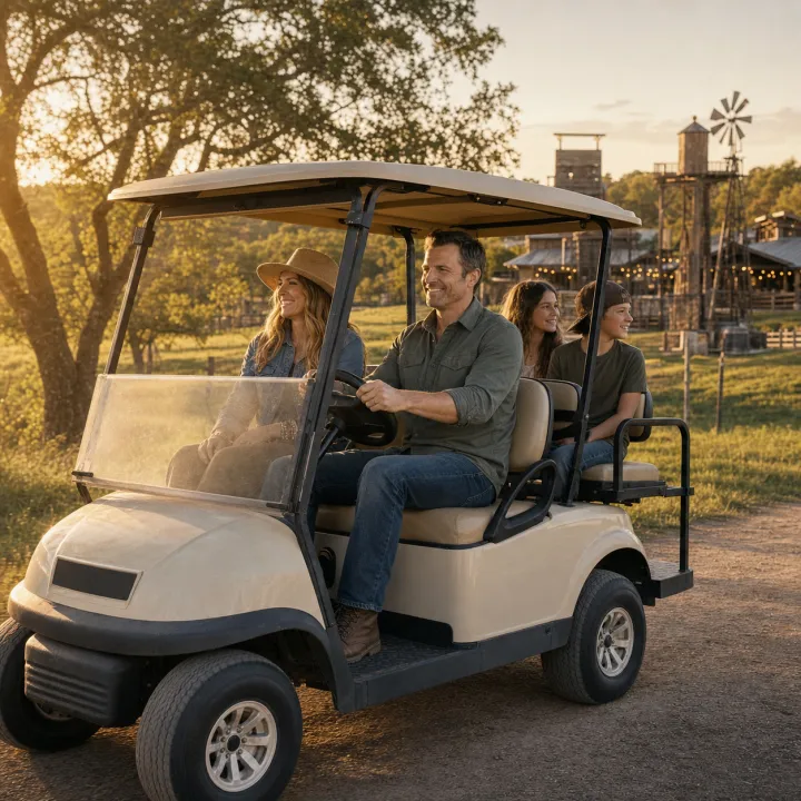 A parent safely driving the family around the Outlaw Oasis property.