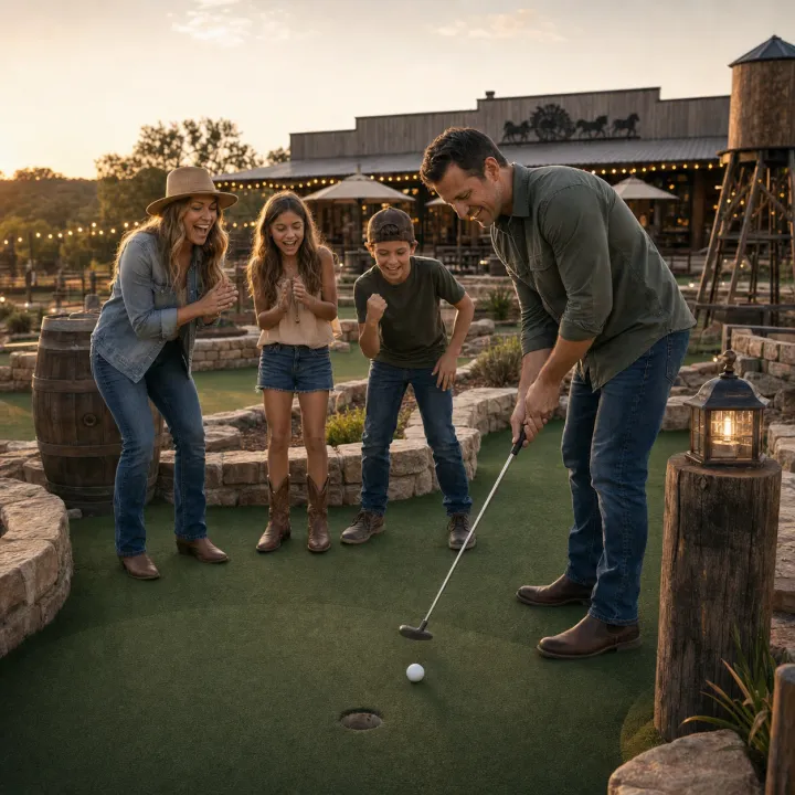 Parents and children cheering during a family mini golf match.
