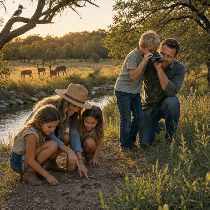 Parents and children watching wildlife and looking for tracks near a creek.