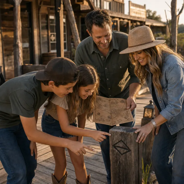 A family following a clue map and discovering a carved symbol.