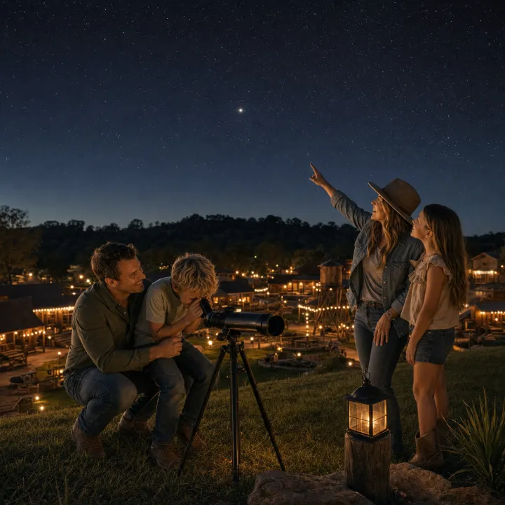 A family sharing a telescope and pointing toward stars above the town.