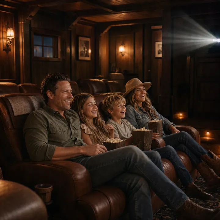 Parents and children laughing together during a private theater night.