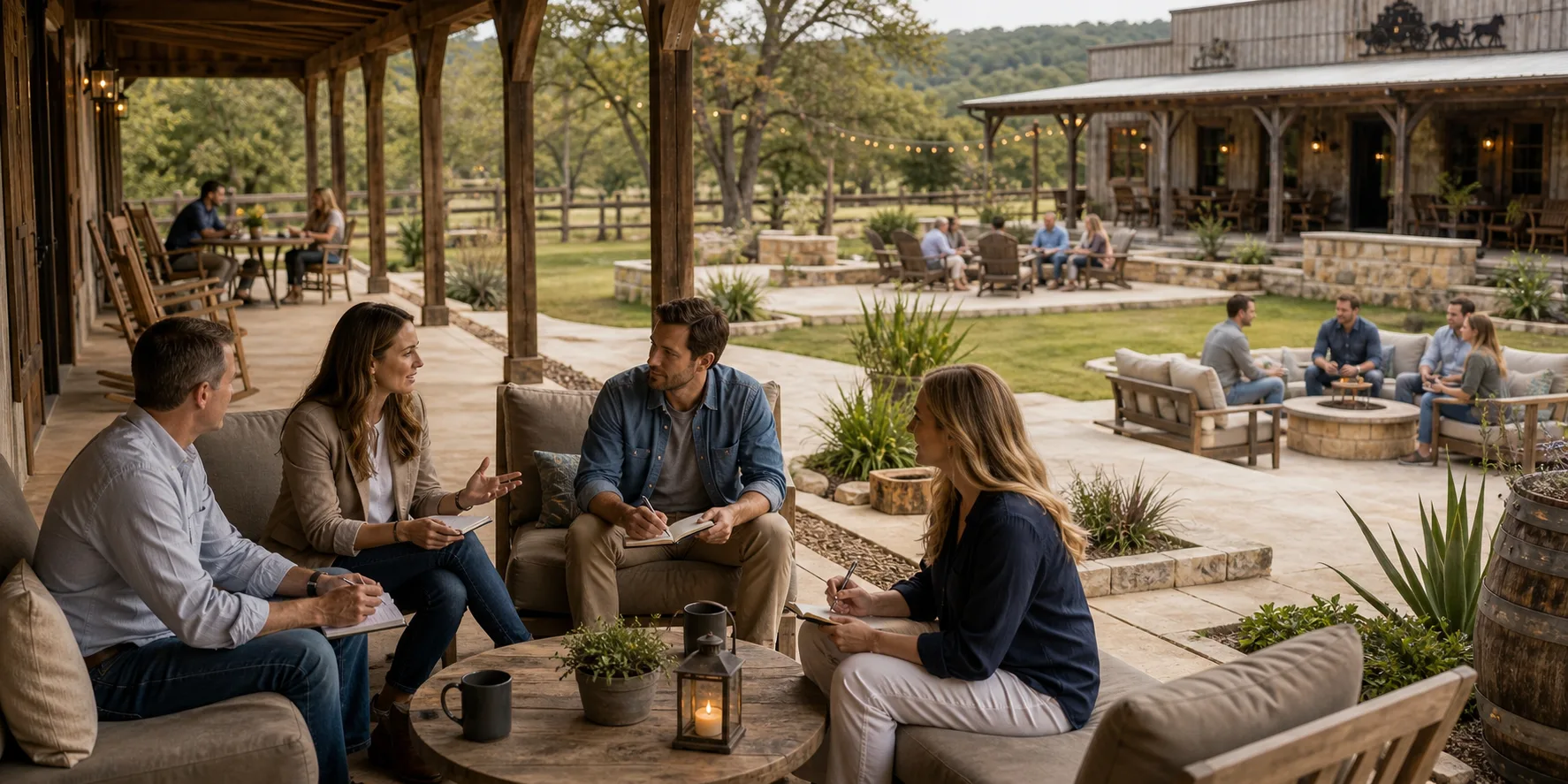 Small corporate breakout groups meeting on covered porches and outdoor lounge areas in a private western town.