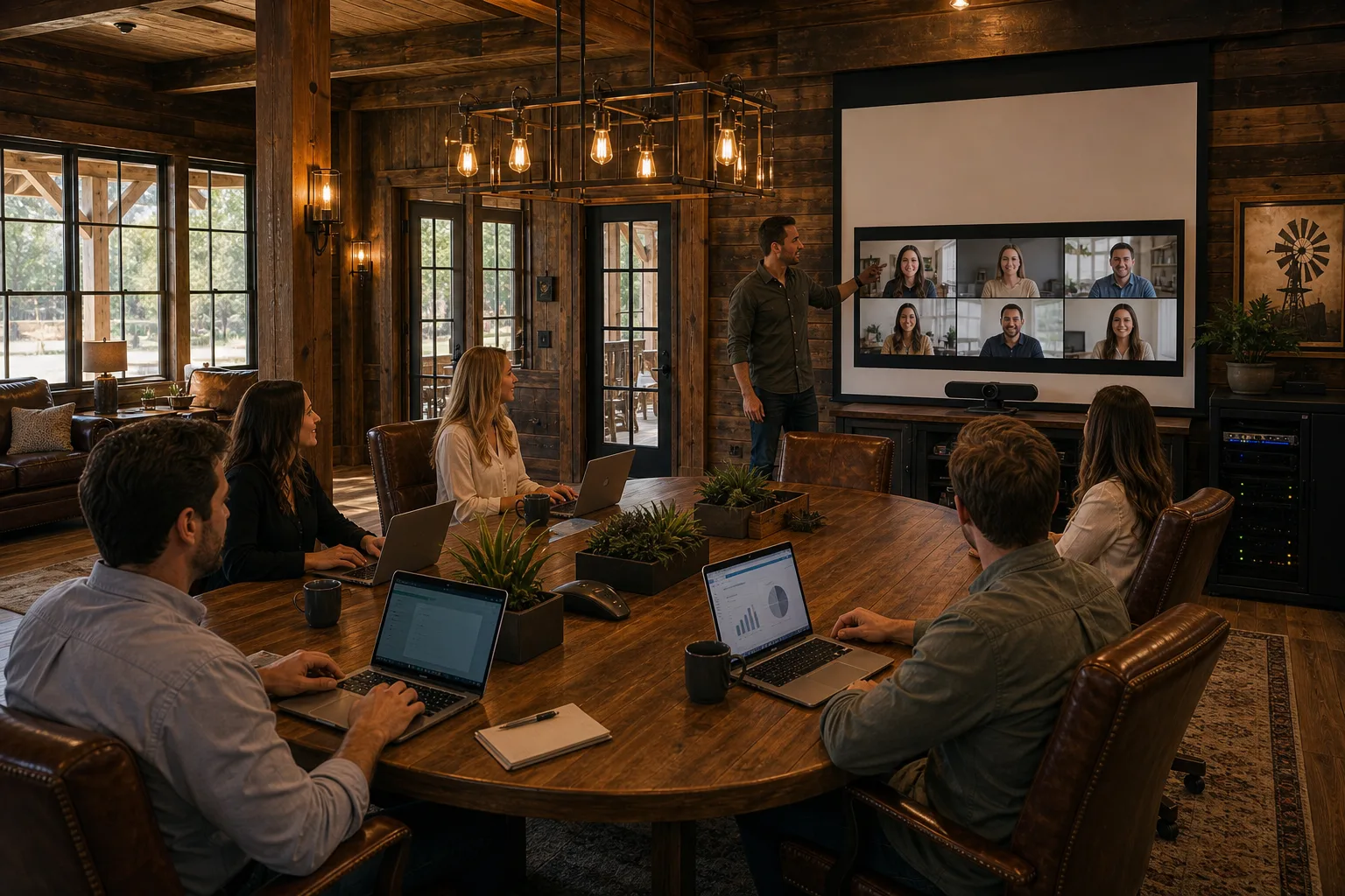 A rustic western chic meeting space with laptops, video-call equipment, and a clean presentation screen.