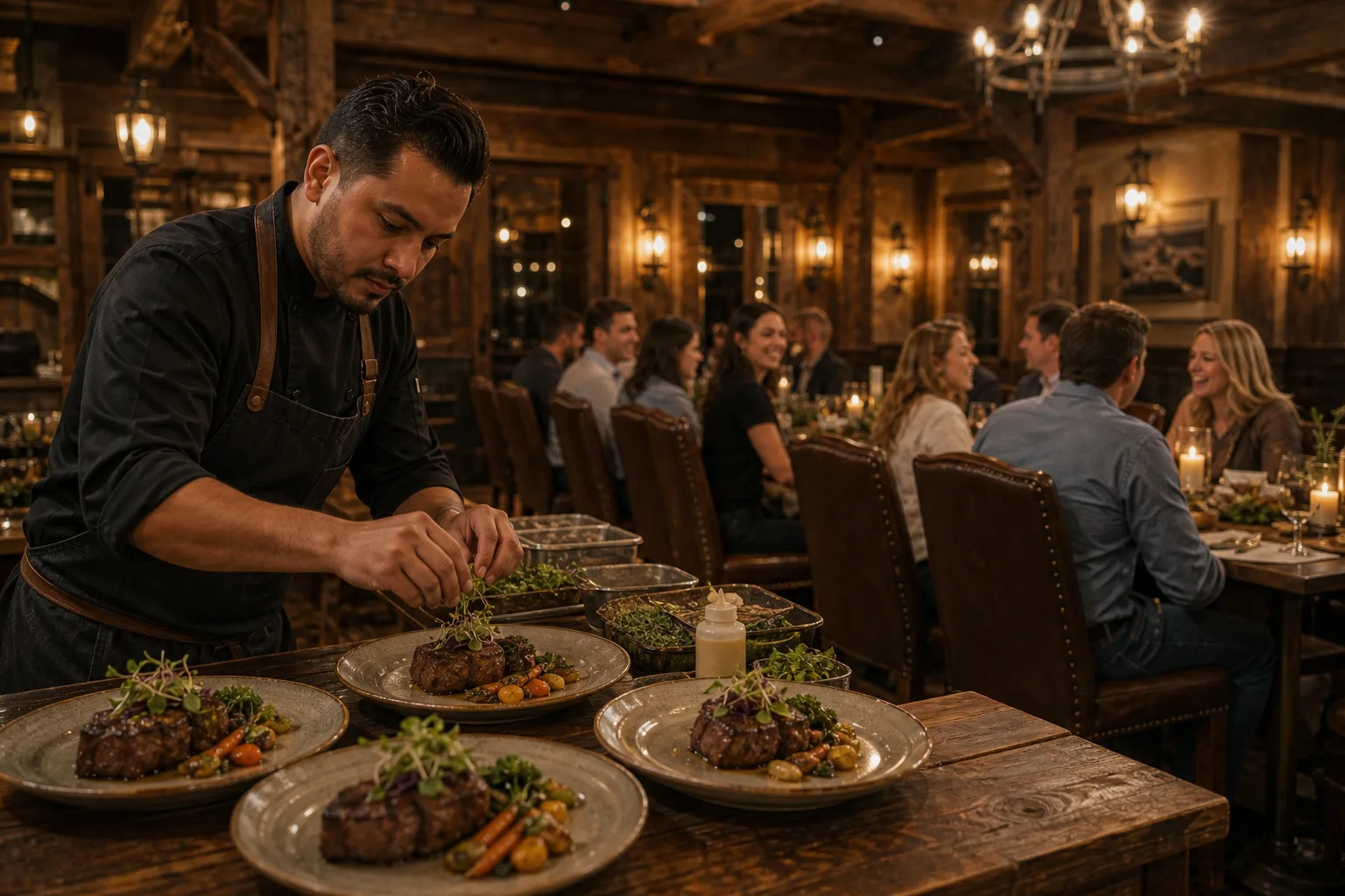 A private chef plating dinner in a warm rustic western saloon set for a corporate retreat meal.