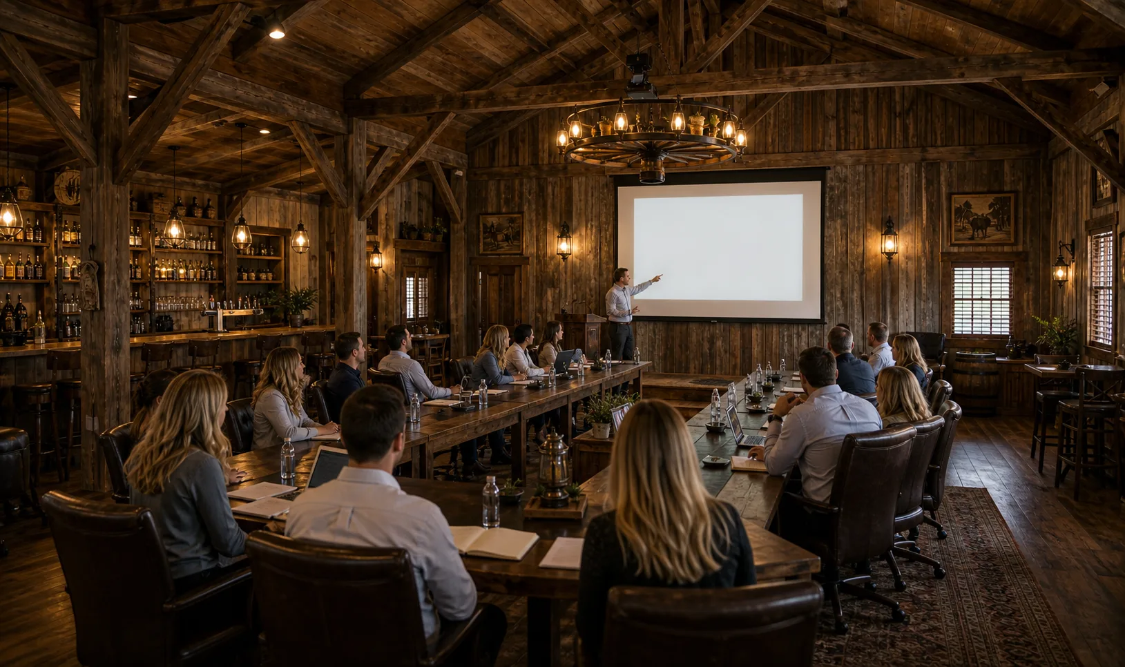 A corporate team gathered for a presentation in a rustic western saloon converted into a meeting hall.