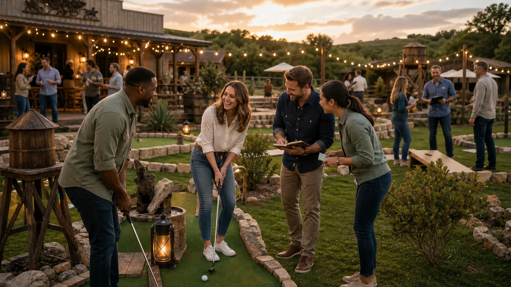 A corporate team enjoying friendly mini golf and clue-based team building in a western town courtyard.