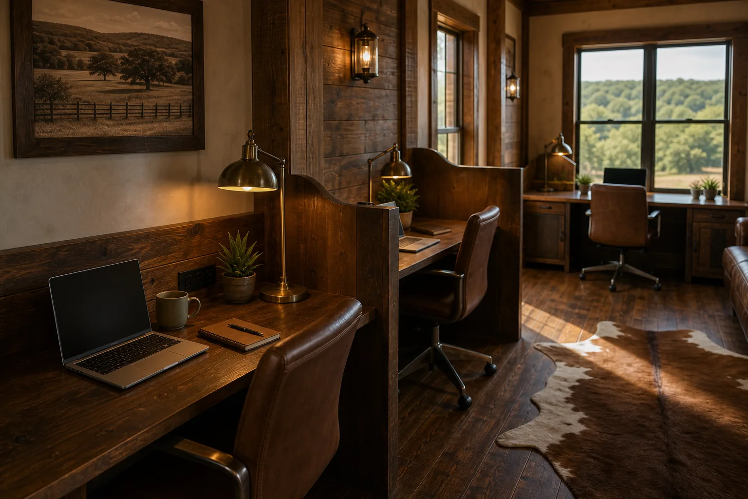 Comfortable individual workstations with laptops and warm lighting inside a rustic western retreat room.